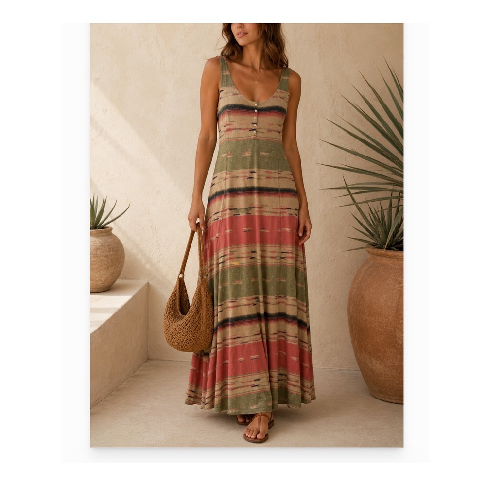 Lauren Ralph Lauren Olive and Rust Striped Sleeveless Maxi Dress